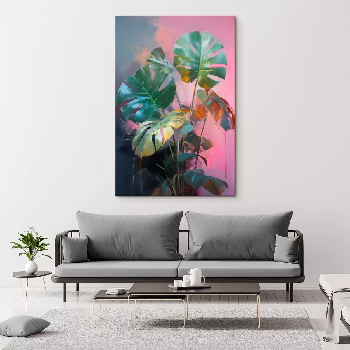  Peintures Plante abstraite monstera aux feuilles d'un vert éclatant, sur fond de douces teintes roses et violettes s46286
