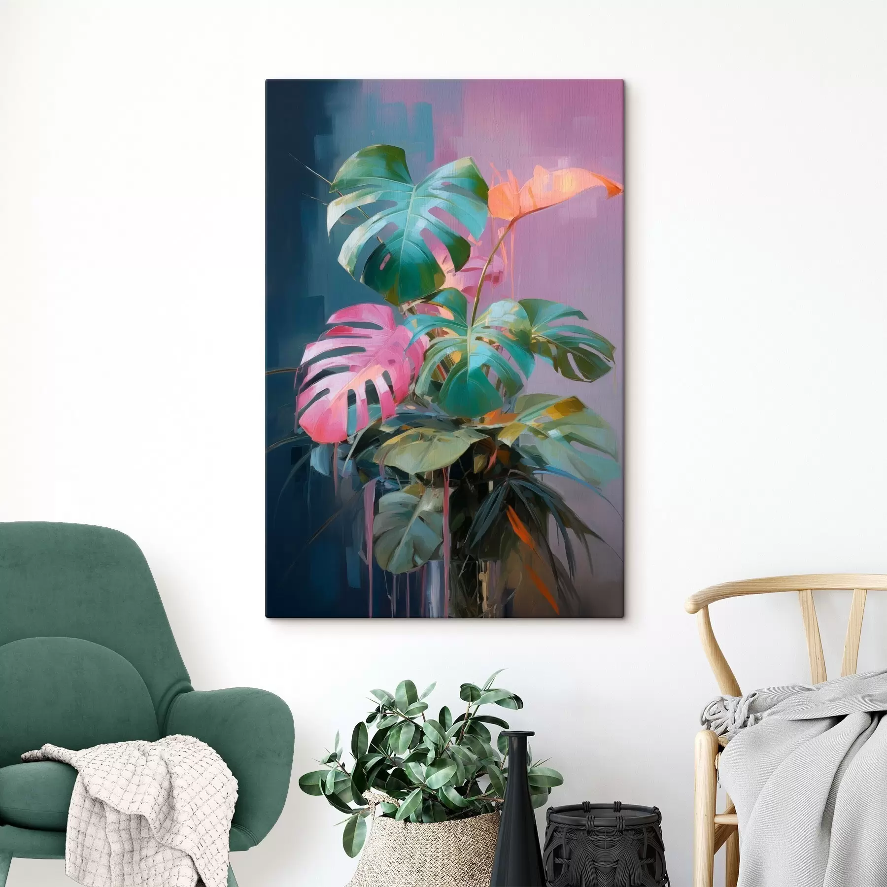  Peintures Plante abstraite monstera aux feuilles roses et vertes, aux couleurs vives, sur fond flou s46287
