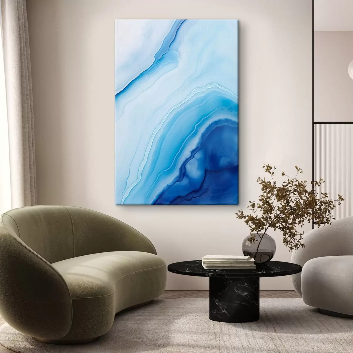  Peintures Imprimé abstrait bleu et blanc agate, lignes tourbillonnantes et dégradés, texture lisse, art moderne, minimaliste s46290