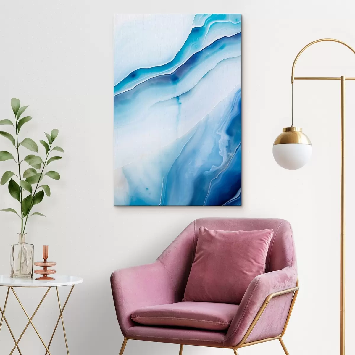  Schilderijen Abstracte blauw-witte agaatprint, wervelende lijnen en kleurverlopen, gladde textuur, moderne kunst, minimalistisch s46291