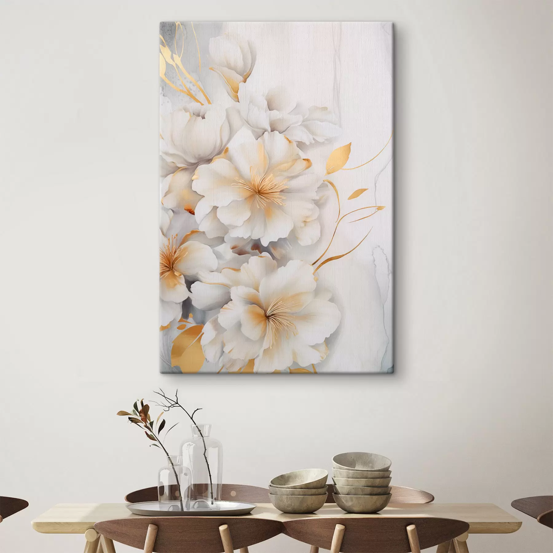  Schilderijen Witte bloemen met gele details, bloemblaadjes met subtiele schaduwen, lichte achtergrond met subtiel marmereffect s46292