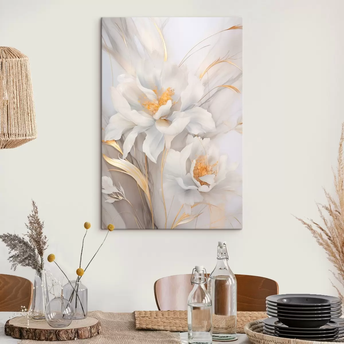  Schilderijen Witte bloemen met gele stampers en stelen, delicate bloemblaadjes, elegante compositie, neutrale achtergrond s46293