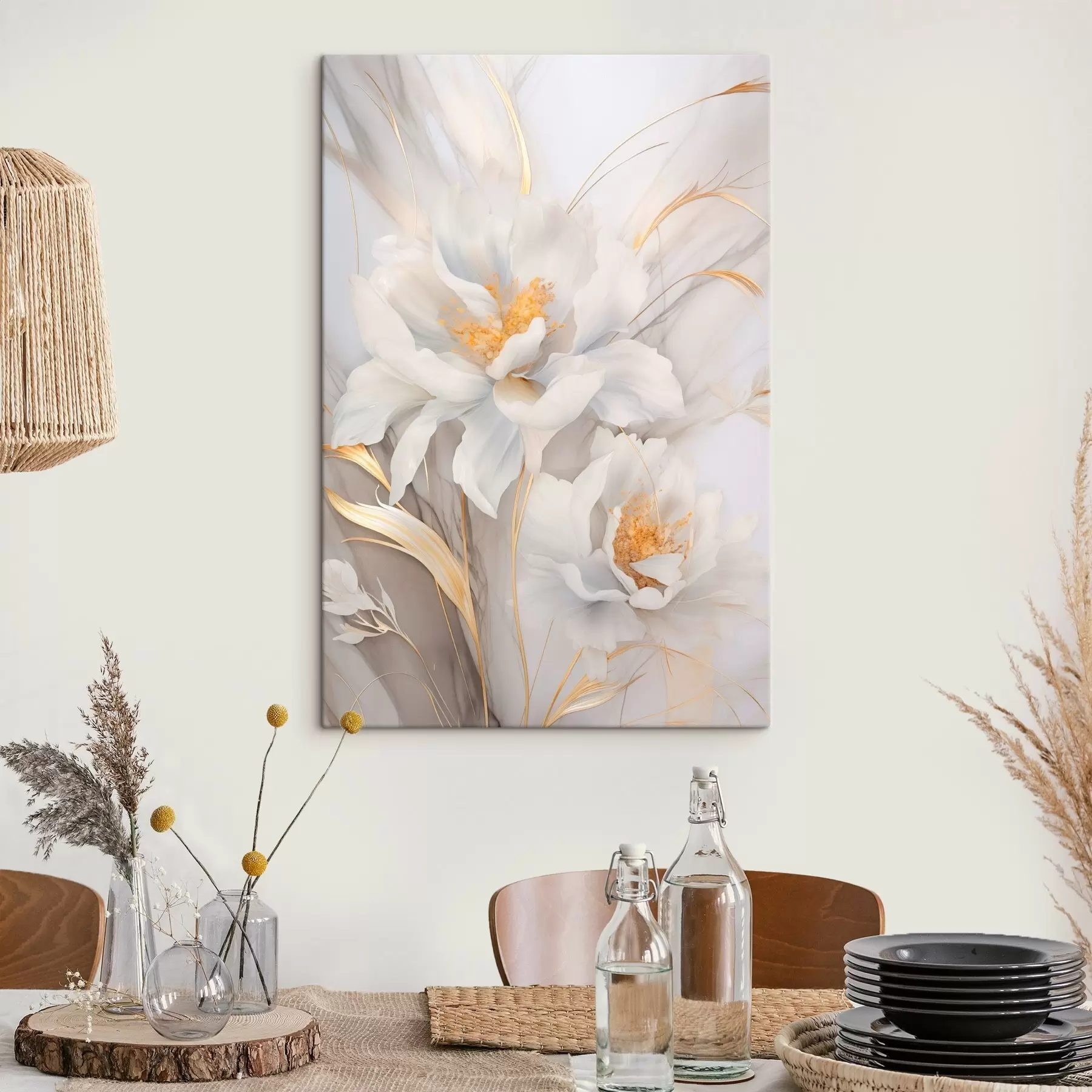  Schilderijen Witte bloemen met gele stampers en stelen, delicate bloemblaadjes, elegante compositie, neutrale achtergrond s46293