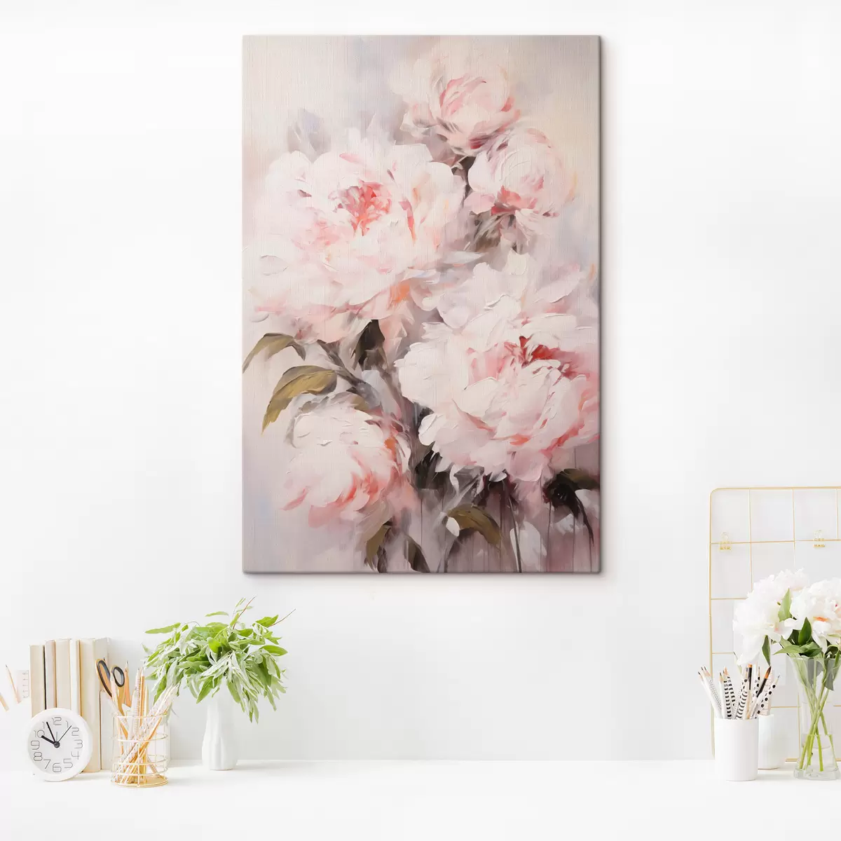  Schilderijen Een boeket lichtroze pioenrozen met groene bladeren, zachte penseelstreken, pastelkleuren, op een lichte achtergrond s46294