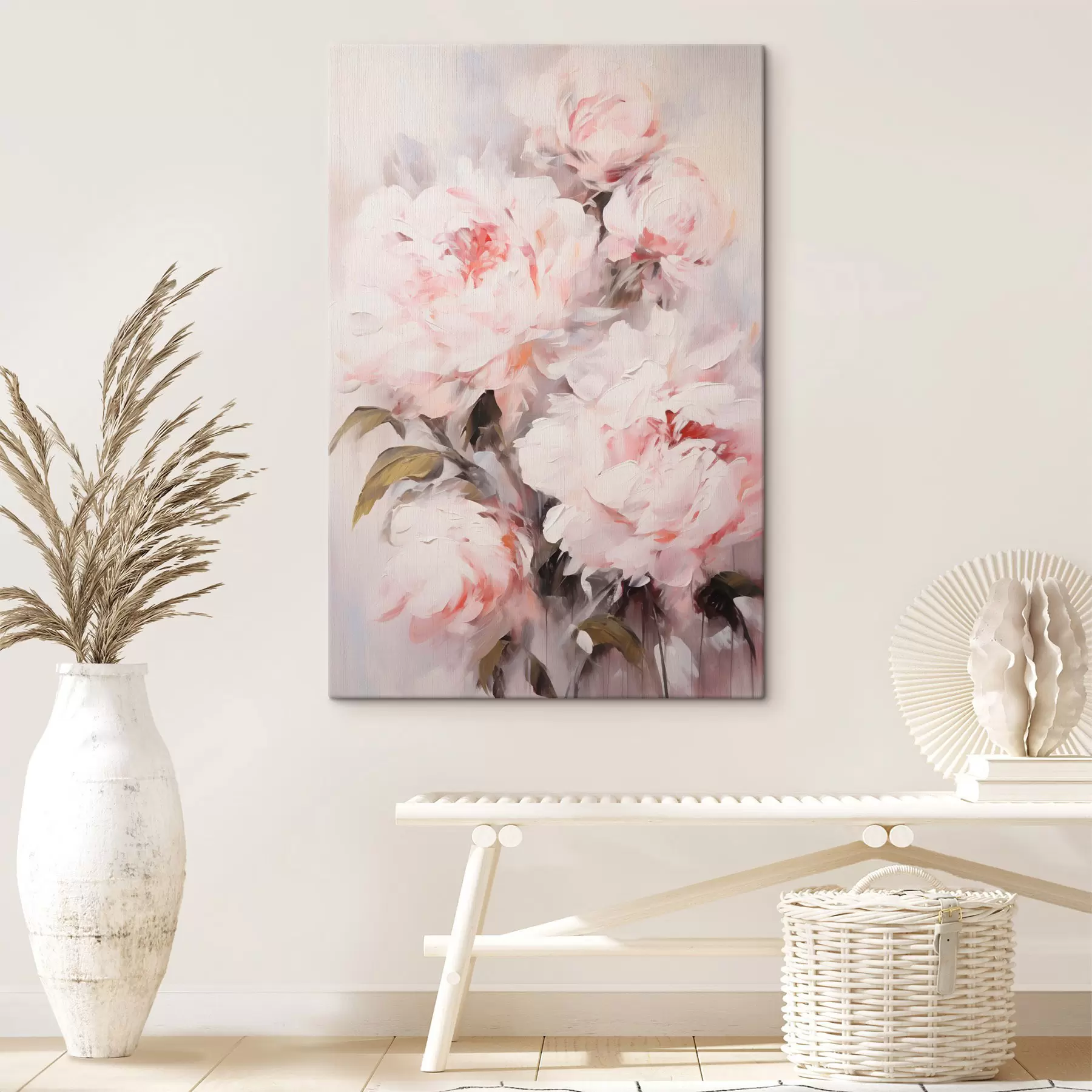  Schilderijen Een boeket lichtroze pioenrozen met groene bladeren, zachte penseelstreken, pastelkleuren, op een lichte achtergrond s46294