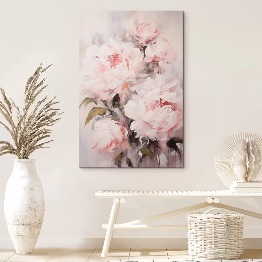  Peintures Bouquet de pivoines rose pâle avec des feuilles vertes, coups de pinceau doux, couleurs pastel, sur fond clair s46294