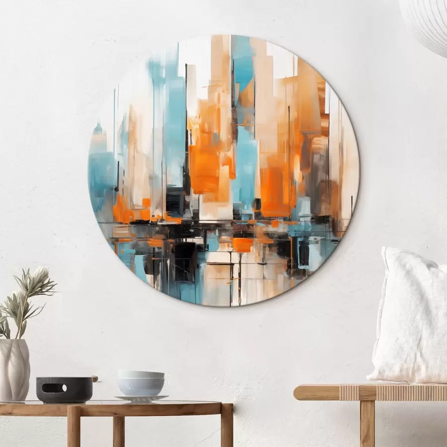  Schilderijen Abstract stadsgezicht met verticale penseelstreken in tinten oranje, blauw en wit, schilderstijl r46267