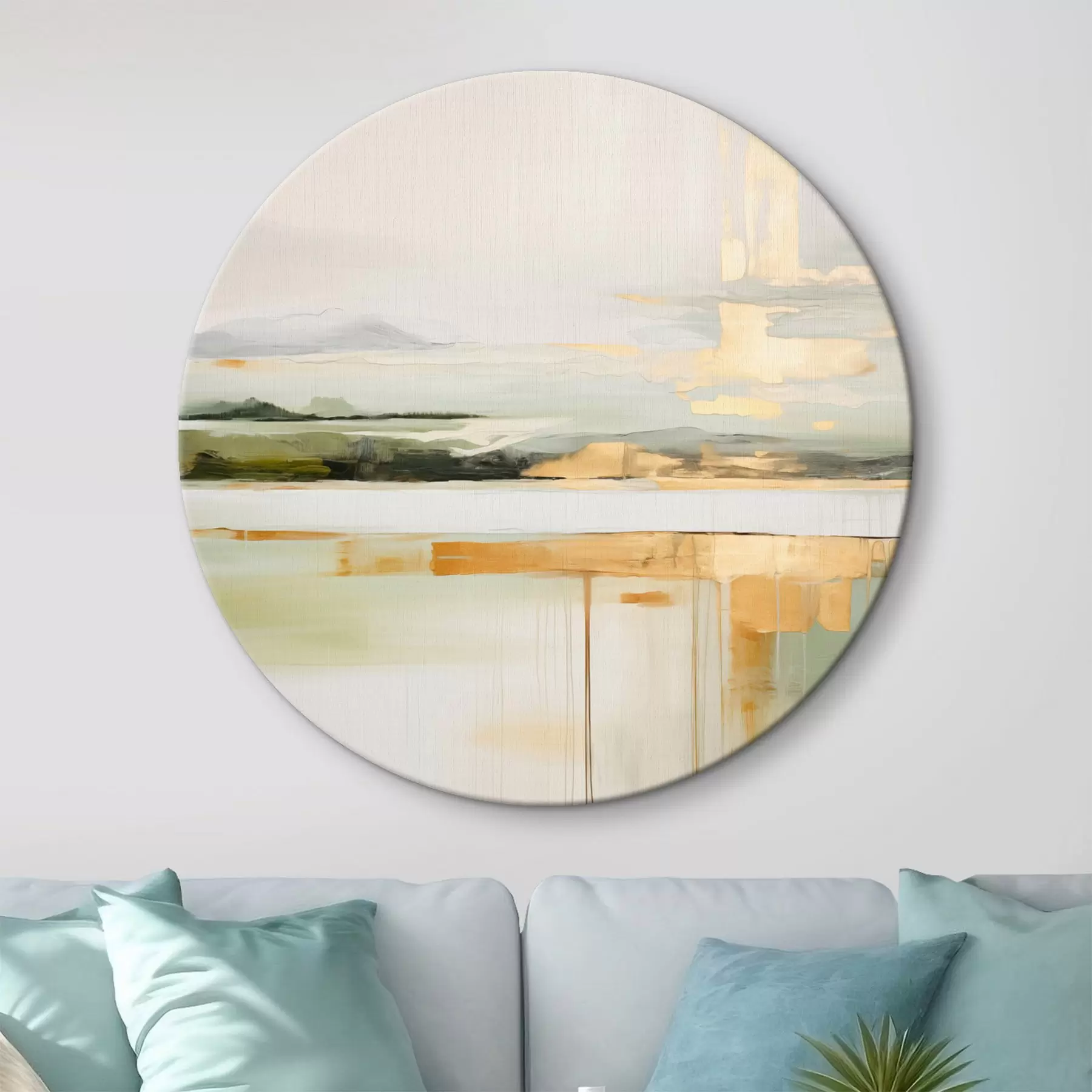  Schilderijen Abstract landschap met gele accenten, een minimalistische compositie van land, water en lucht, met gedempte kleuren r46268