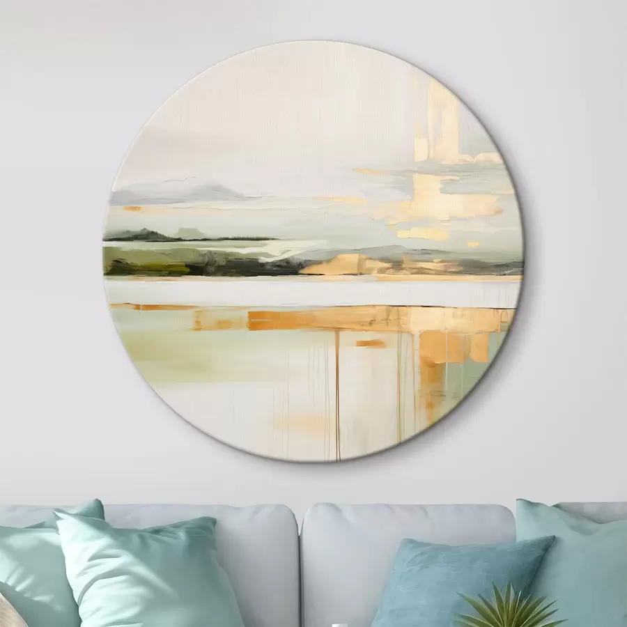  Peintures Paysage abstrait avec des accents jaunes, une composition minimaliste de terre, d'eau et de ciel, avec des couleurs douces r46268