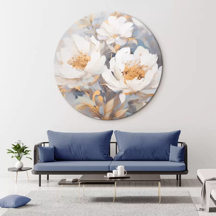  Peintures Pivoines blanches avec cœur et feuilles bleus, coups de pinceau doux, fond bleu clair, composition florale r46270