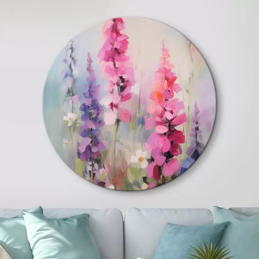  Schilderijen Roze en paarse bloemen met witte madeliefjes in een veld, zachte penseelstreken, pastelkleuren, impressionistische stijl r46279