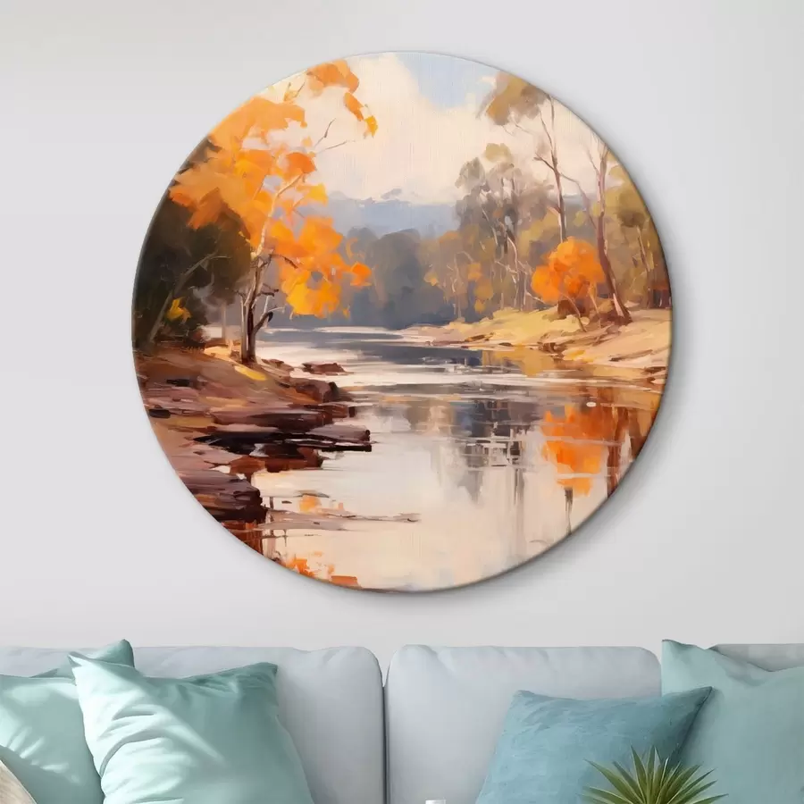  Peintures Paysage automnal, rivière bordée d'arbres, forêt en arrière-plan, reflets sur l'eau r46280