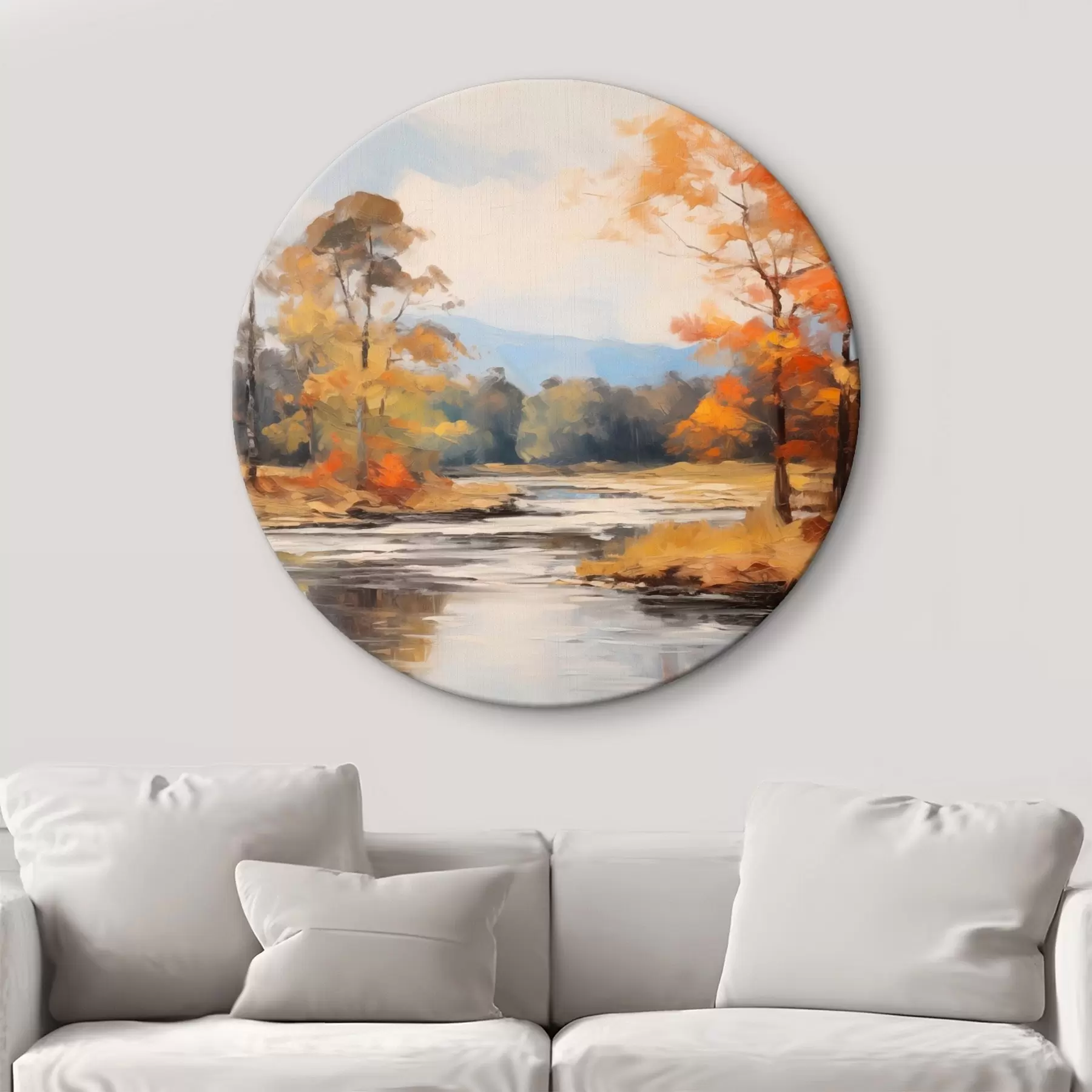  Peintures Paysage avec une rivière traversant une forêt en automne, arbres jaunes et orange, style pictural r46281