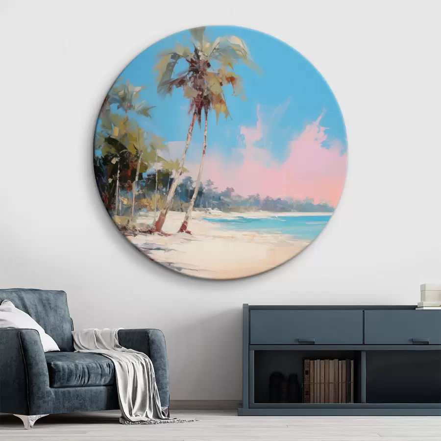  Peintures Plage tropicale abstraite avec sable blanc et palmiers, ciel bleu avec nuages blancs r46285