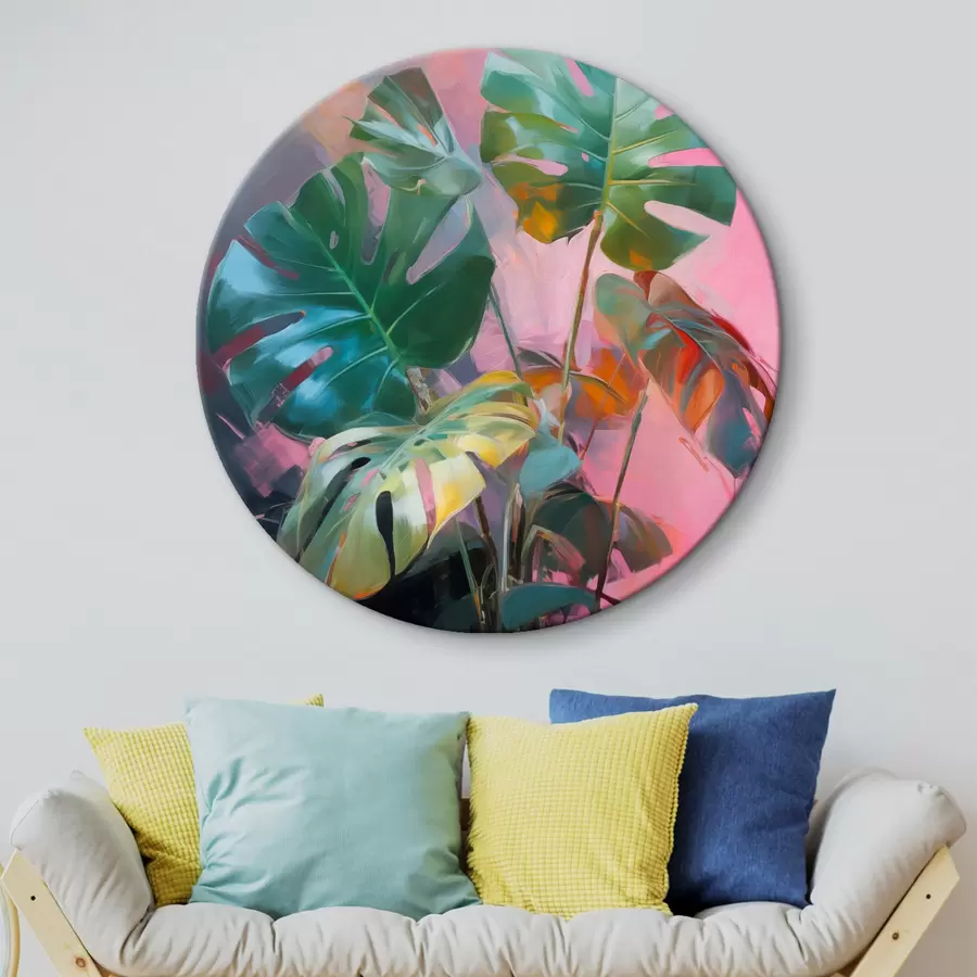 Peintures Plante abstraite monstera aux feuilles d'un vert éclatant, sur fond de douces teintes roses et violettes r46286