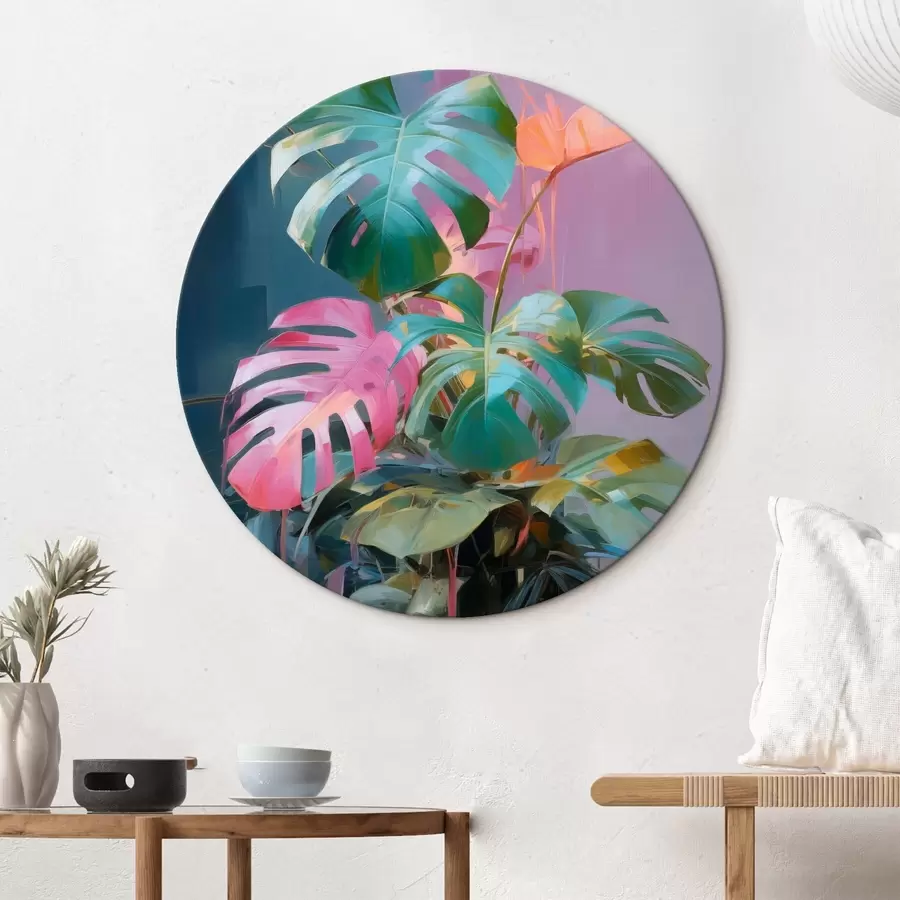  Peintures Plante abstraite monstera aux feuilles roses et vertes, aux couleurs vives, sur fond flou r46287