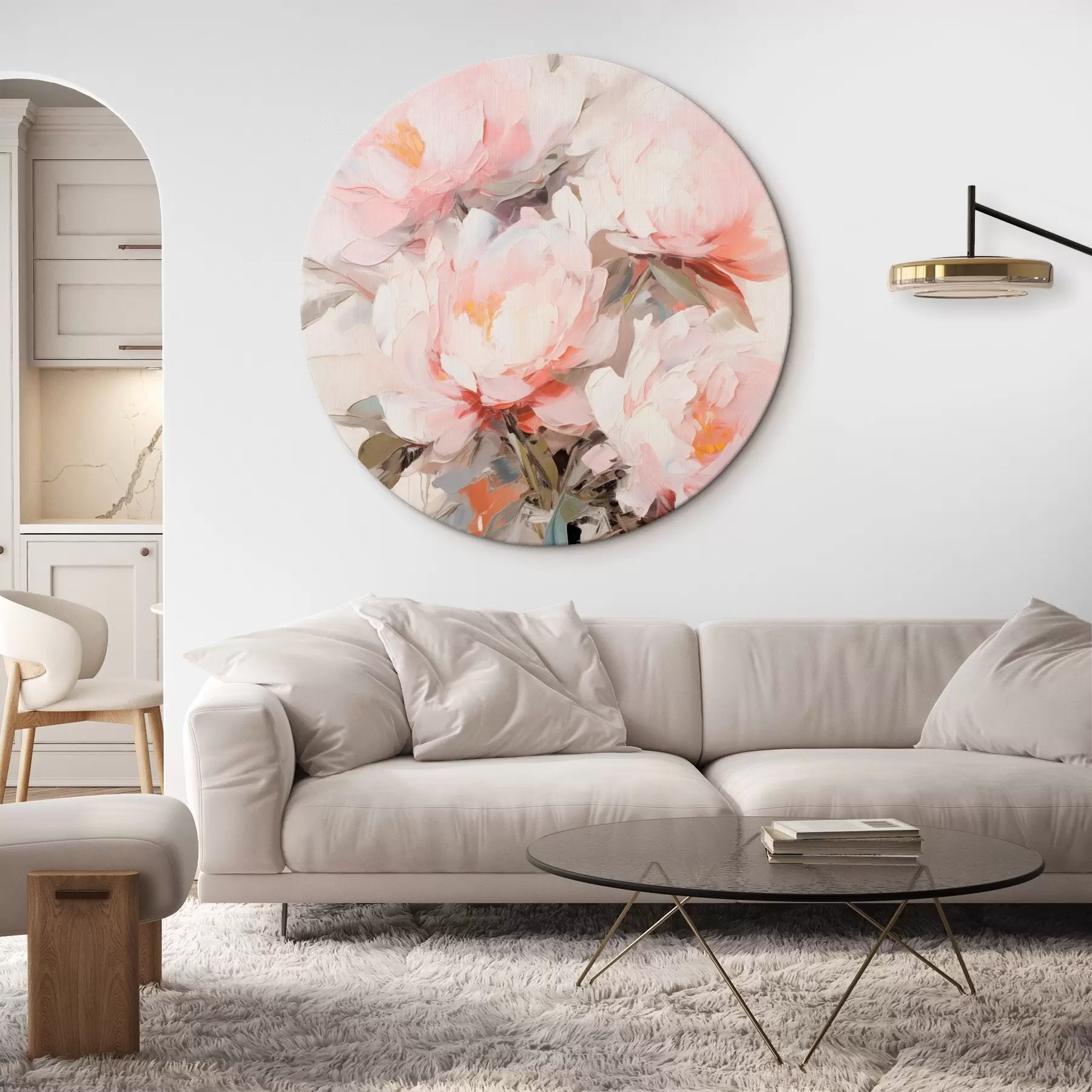  Schilderijen Een boeket roze en witte pioenrozen in een glazen vaas, zachte penseelstreken, pastelkleuren, neutrale achtergrond r46295