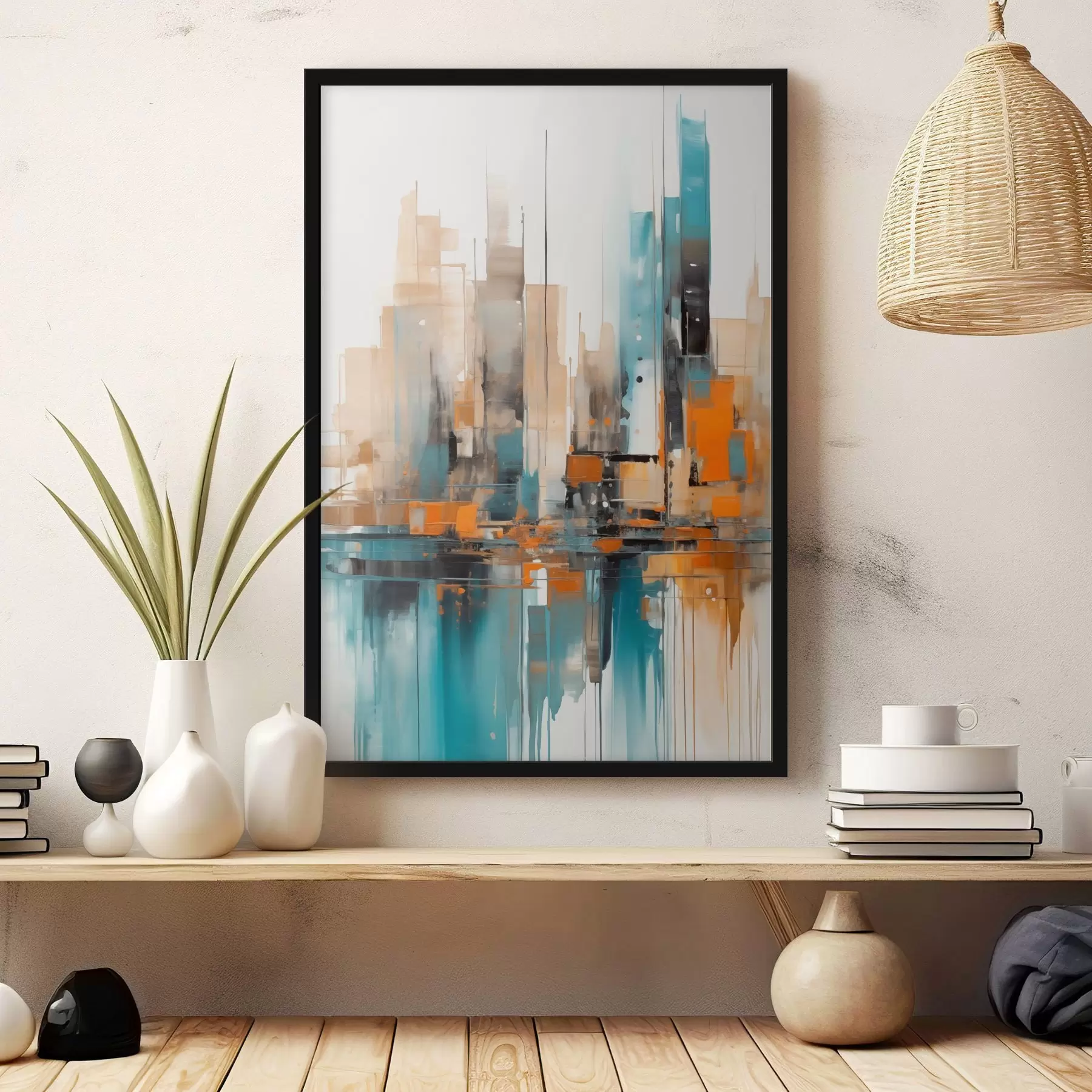 Fotobehang Abstract stadsgezicht met oranje, blauwgroene en bruine verticale penseelstreken en geometrische vormen f46266