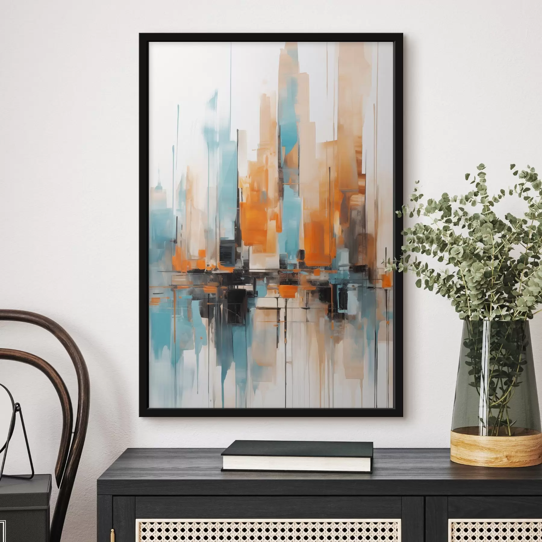 Papier peint photo Paysage urbain abstrait avec des coups de pinceau verticaux dans des tons orange, bleu et blanc, style pictural f46267