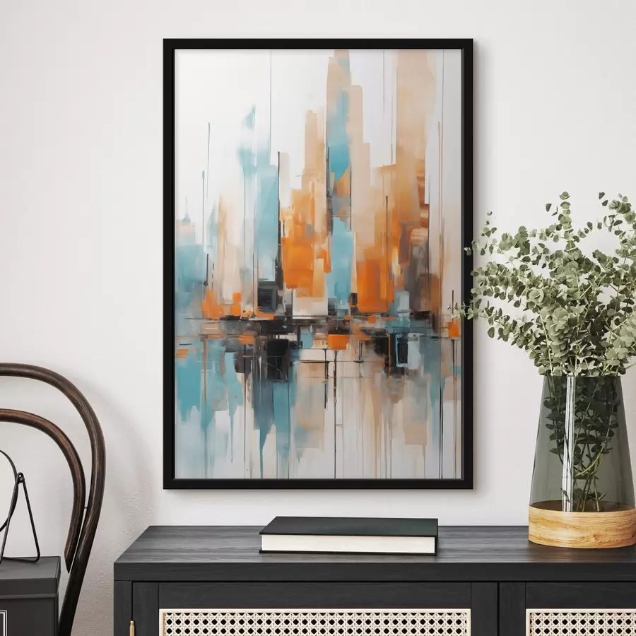 Papier peint photo Paysage urbain abstrait avec des coups de pinceau verticaux dans des tons orange, bleu et blanc, style pictural f46267