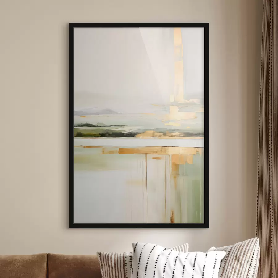 Fotobehang Abstract landschap met gele accenten, een minimalistische compositie van land, water en lucht, met gedempte kleuren f46268
