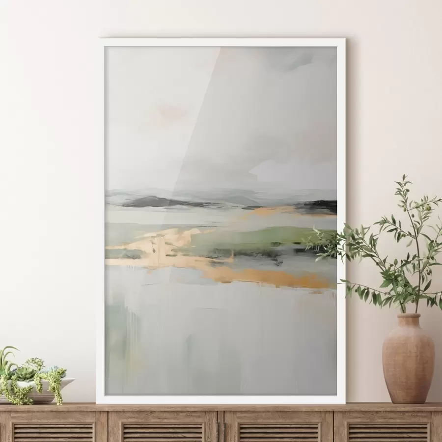 Fotobehang Abstract landschap met gele accenten, een minimalistische compositie van land, water en lucht, met gedempte kleuren f46269