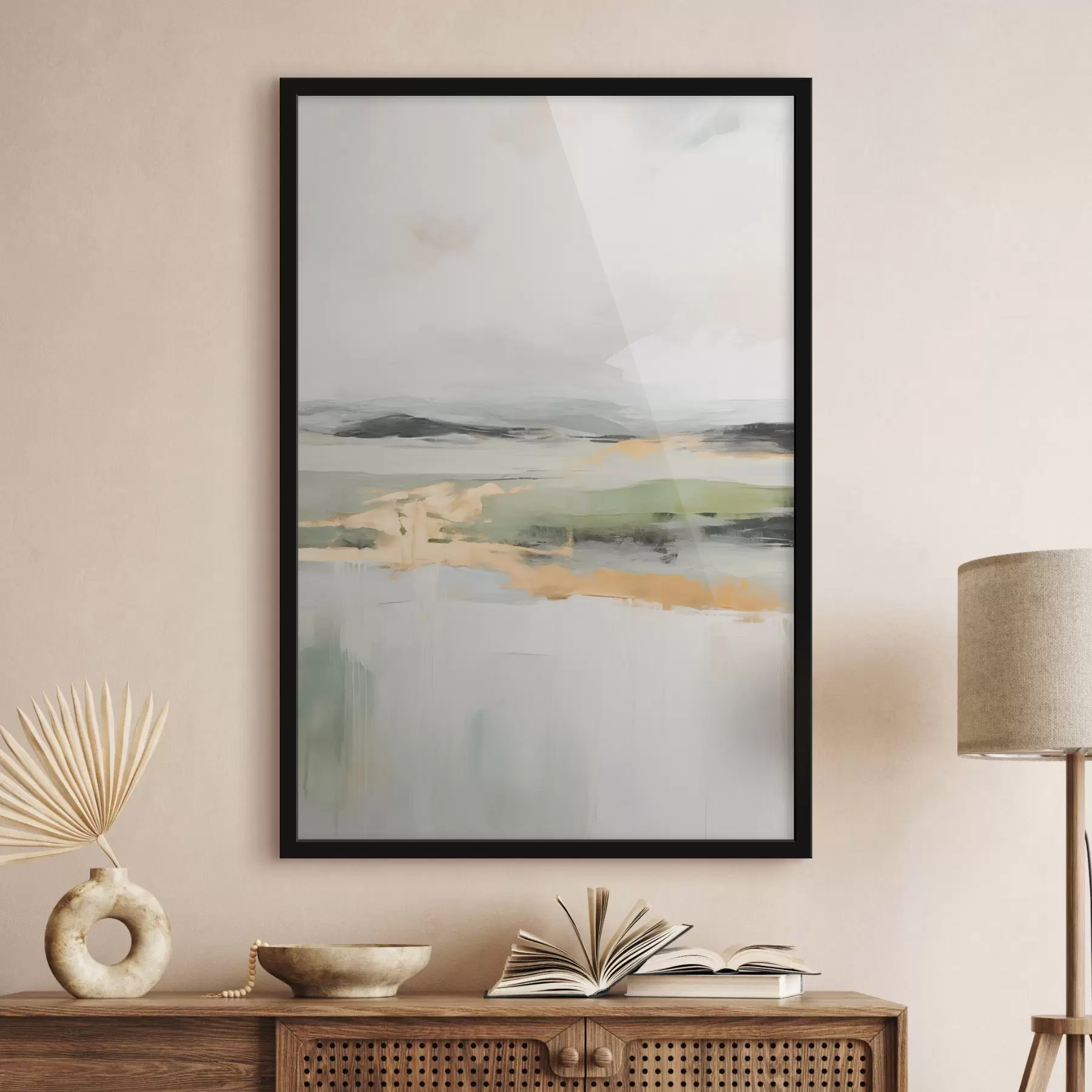 Fotobehang Abstract landschap met gele accenten, een minimalistische compositie van land, water en lucht, met gedempte kleuren f46269