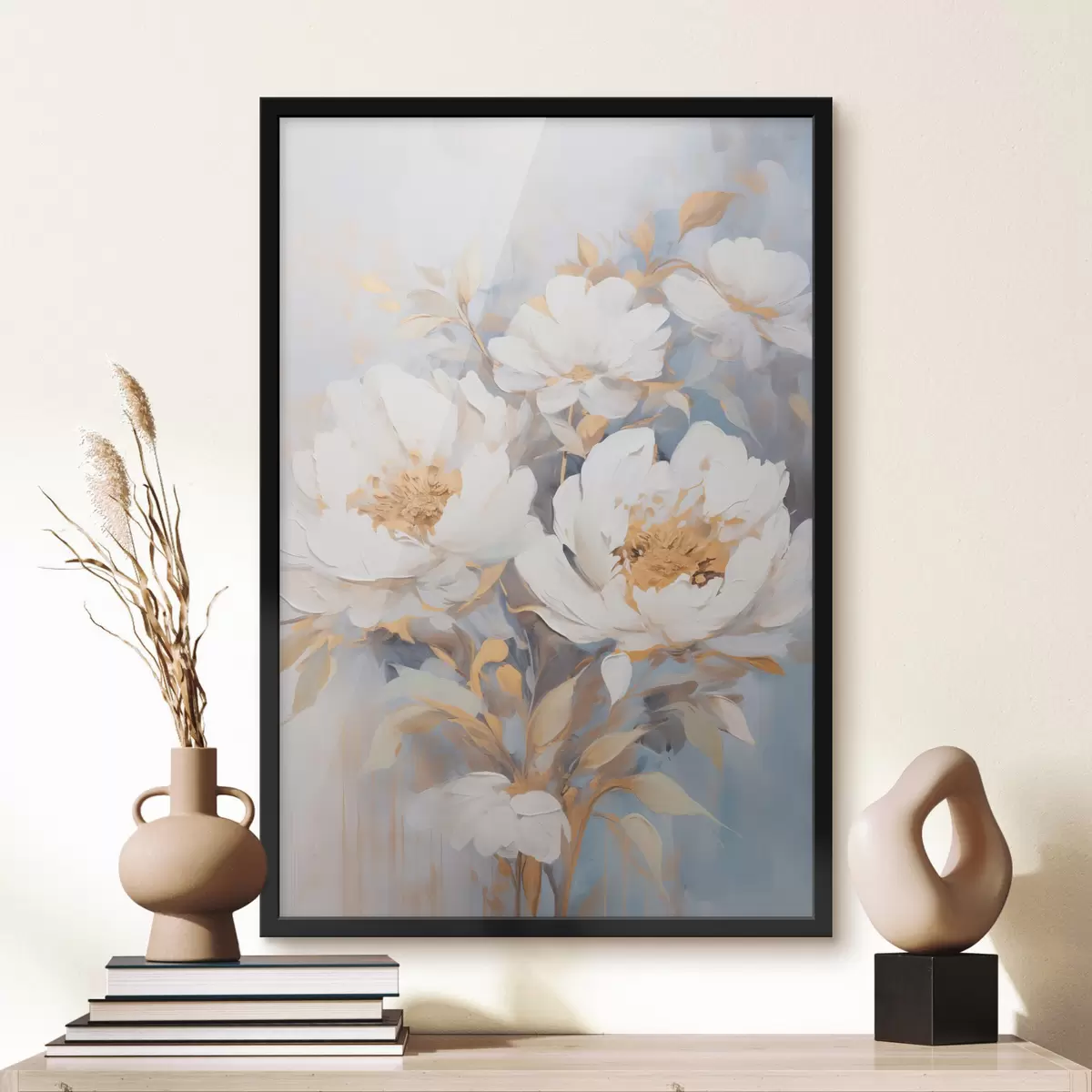 Affiche Pivoines blanches avec cœur et feuilles bleus, coups de pinceau doux, fond bleu clair, composition florale f46270