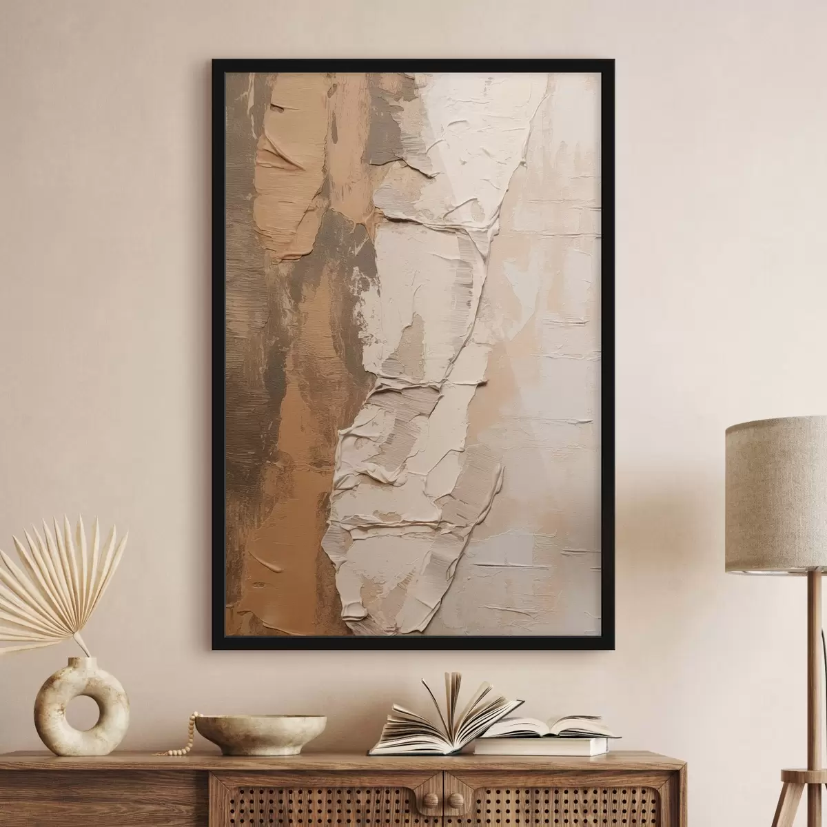 Poster Abstract schilderij met dikke penseelstreken, beige en bruine tinten, gestructureerd oppervlak, neutraal kleurenpalet f46272