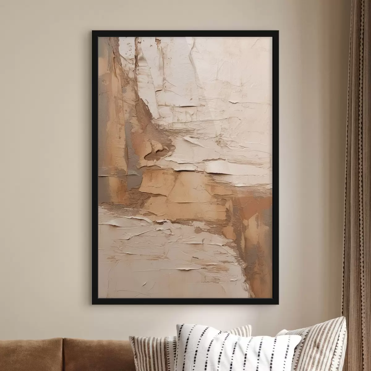Poster Abstract schilderij met dikke penseelstreken, beige en bruine tinten, gestructureerd oppervlak, neutraal kleurenpalet f46273