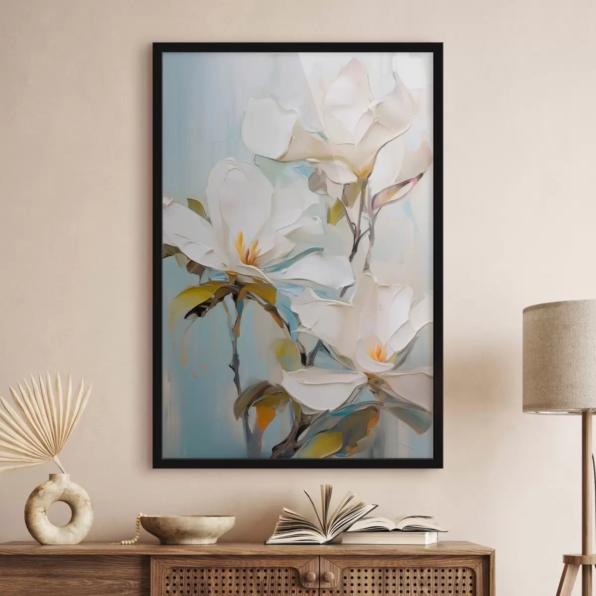 Poster Witte magnoliabloemen, lichtblauwe achtergrond met zachte penseelstreken, olieverfstijl, impasto-textuur f46276