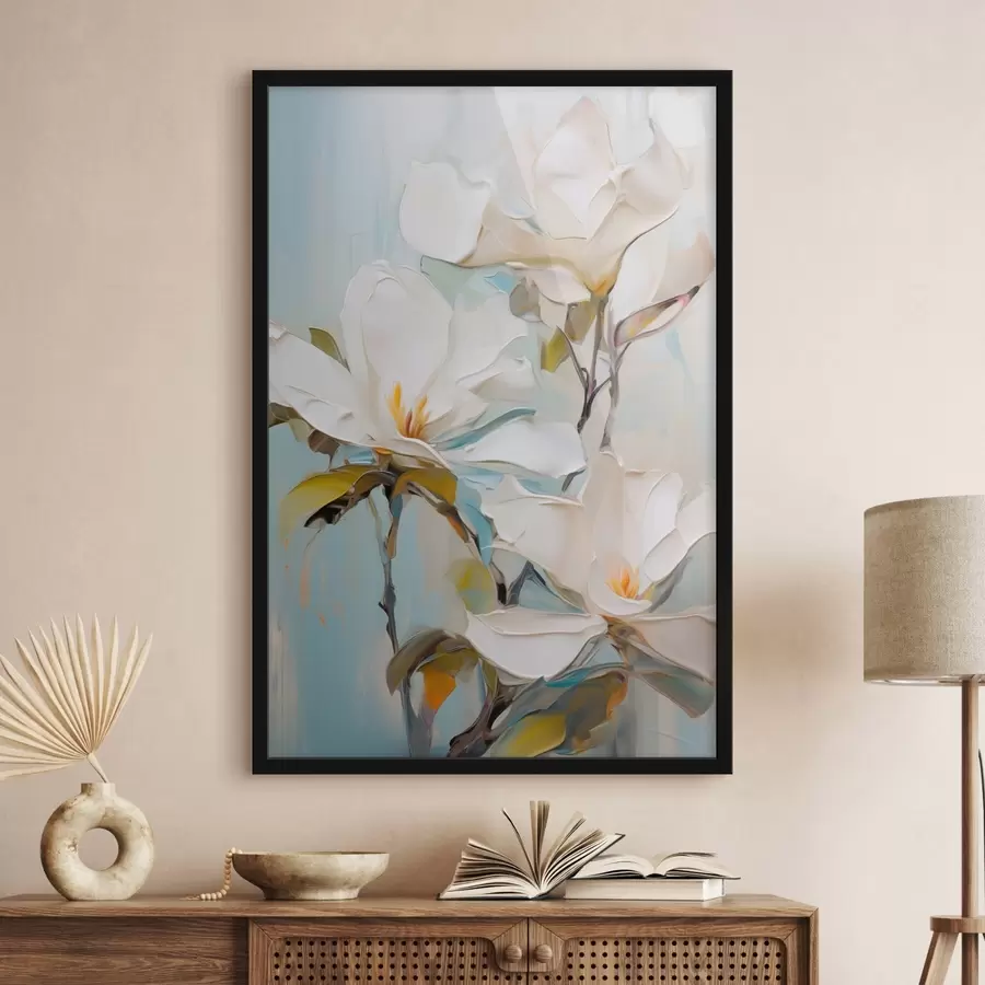 Papier peint photo Fleurs de magnolia blanches, fond bleu clair avec des coups de pinceau doux, style peinture à l'huile, texture impasto f46276