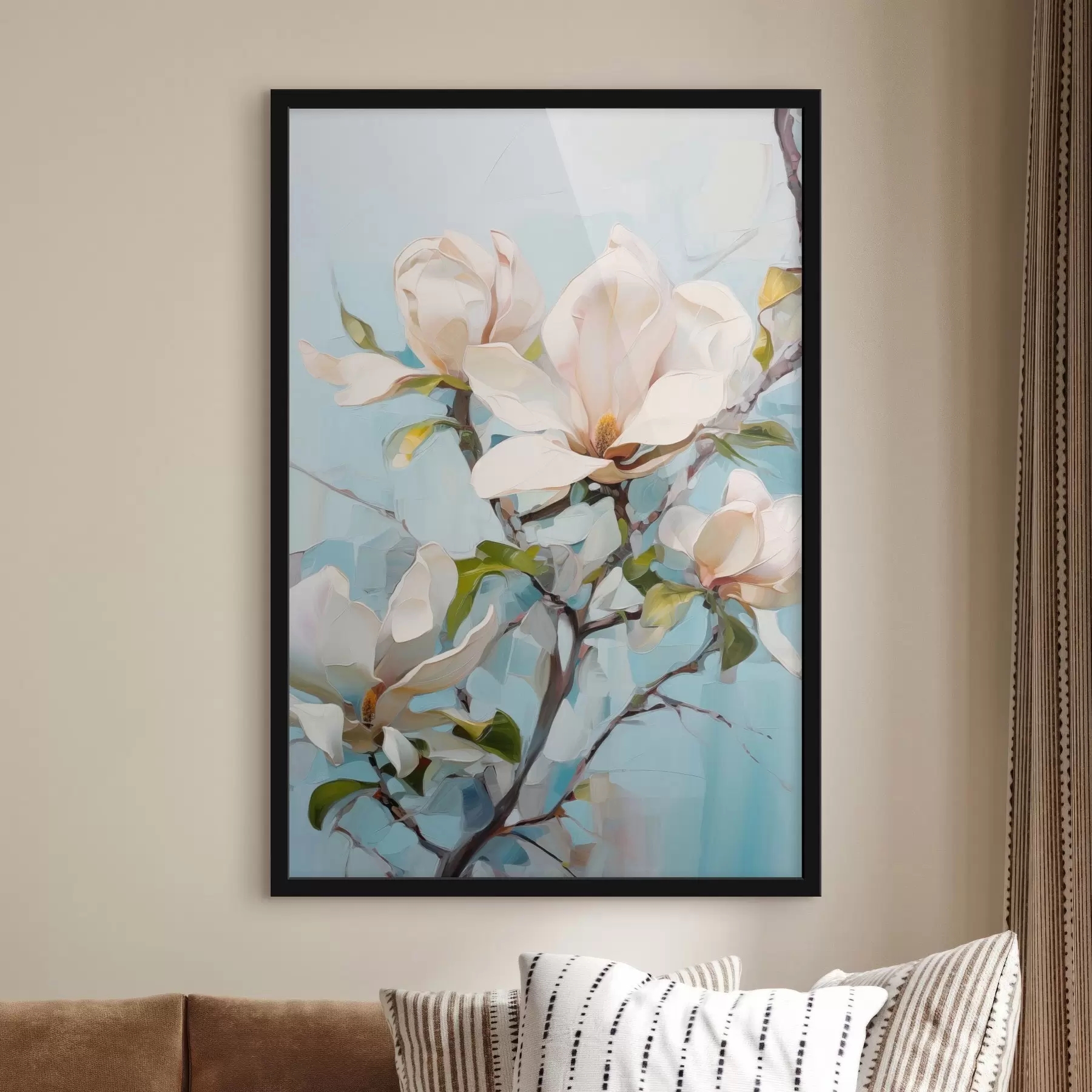 Fotobehang Witte magnoliabloemen, lichtblauwe achtergrond met zachte penseelstreken, olieverfstijl, impasto-textuur f46277