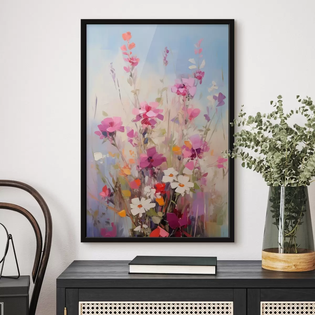 Poster Levendige roze, witte en groene bloemen tegen een zachte, pastelkleurige achtergrond f46278