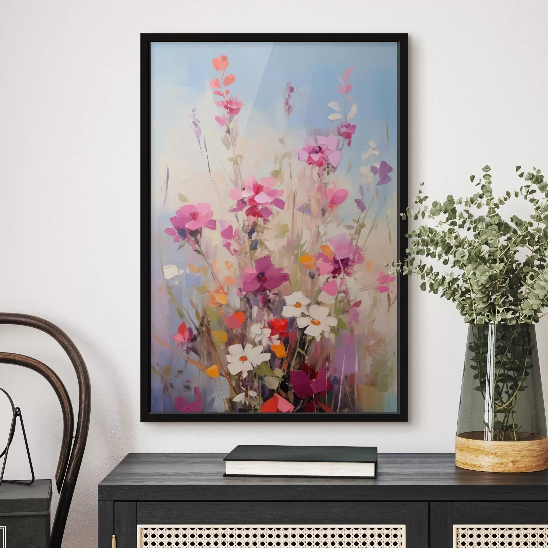Fotobehang Levendige roze, witte en groene bloemen tegen een zachte, pastelkleurige achtergrond f46278