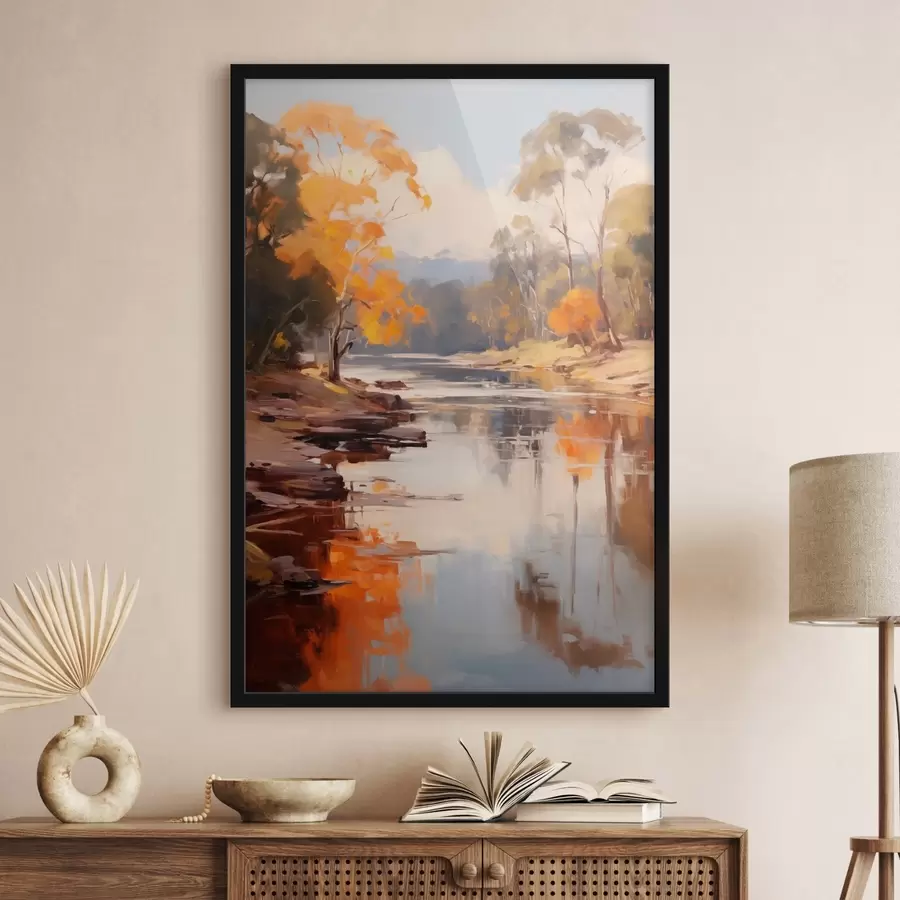 Fotobehang Herfstlandschap, rivier met bomen aan de oever, bos op de achtergrond, weerspiegelingen op het water f46280