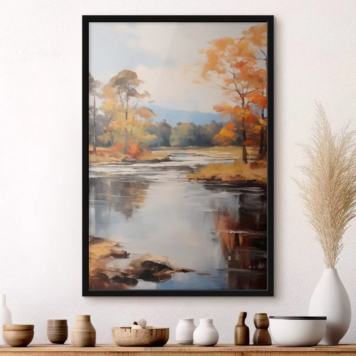 Affiche Paysage avec une rivière traversant une forêt en automne, arbres jaunes et orange, style pictural f46281
