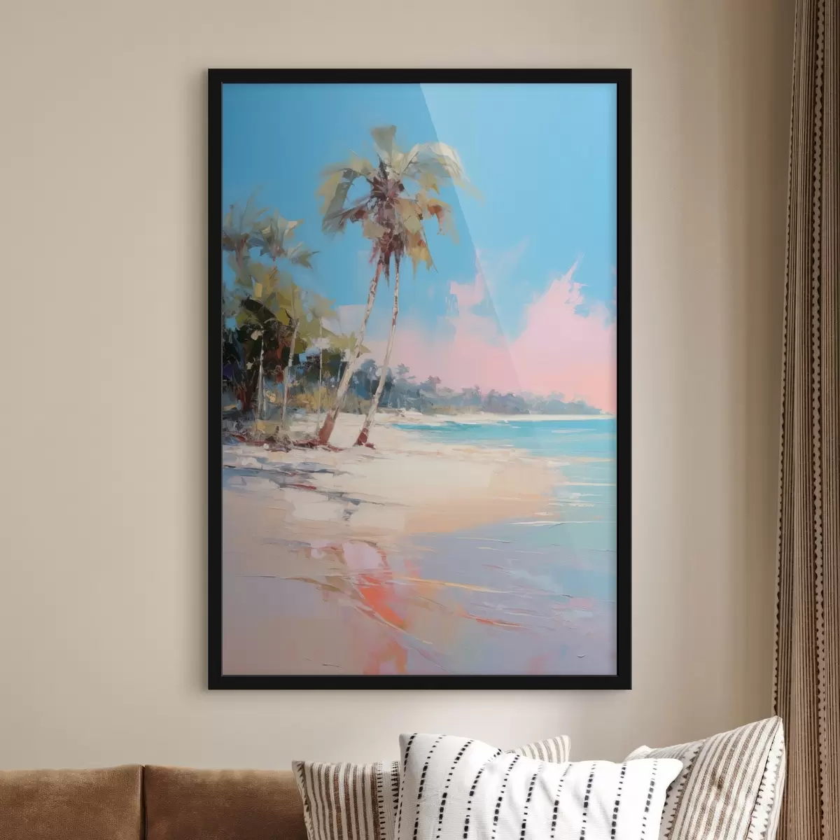 Affiche Plage tropicale abstraite avec sable blanc et palmiers, ciel bleu avec nuages blancs f46285
