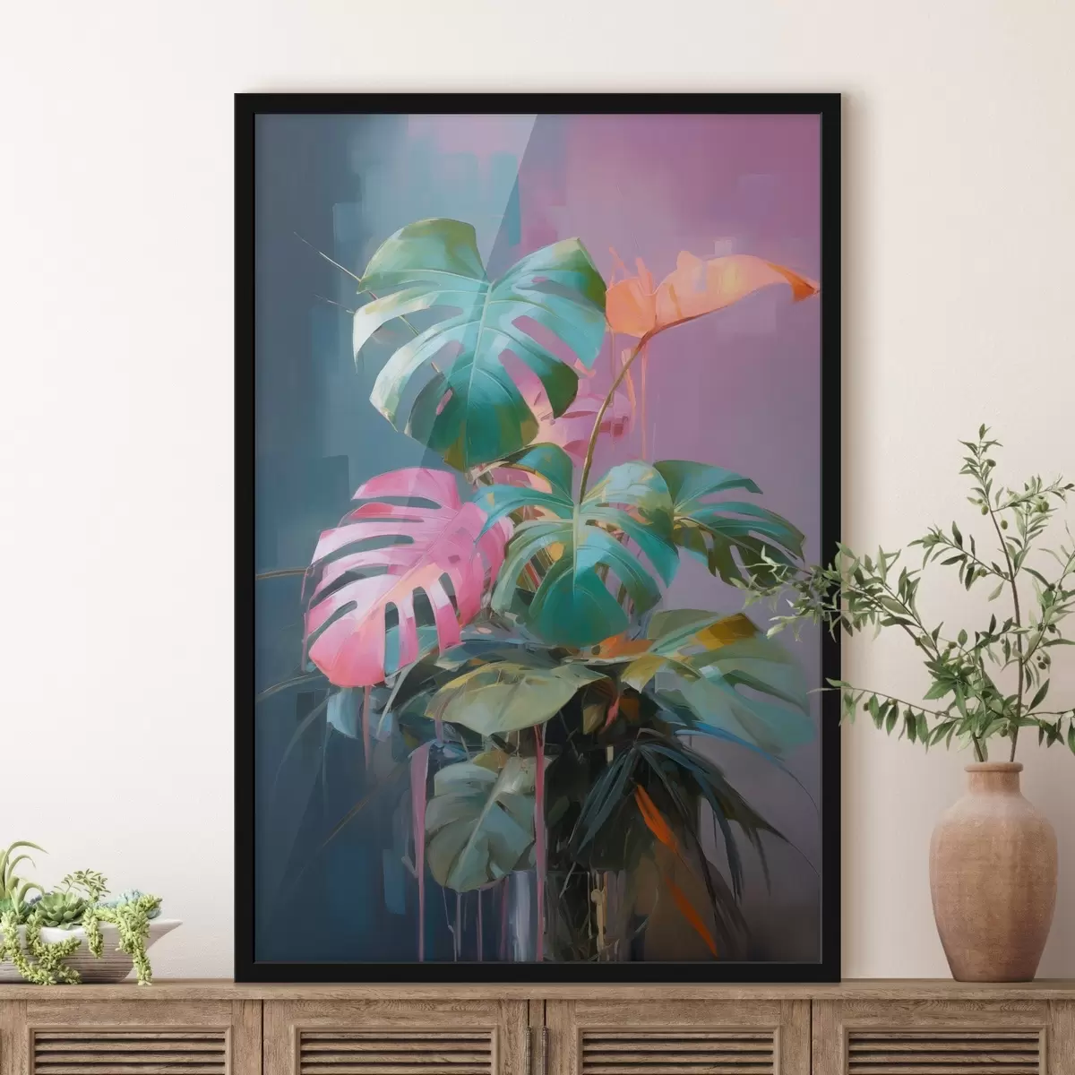 Poster Abstracte monstera-plant met roze en groene bladeren, levendige kleuren, tegen een wazige achtergrond f46287