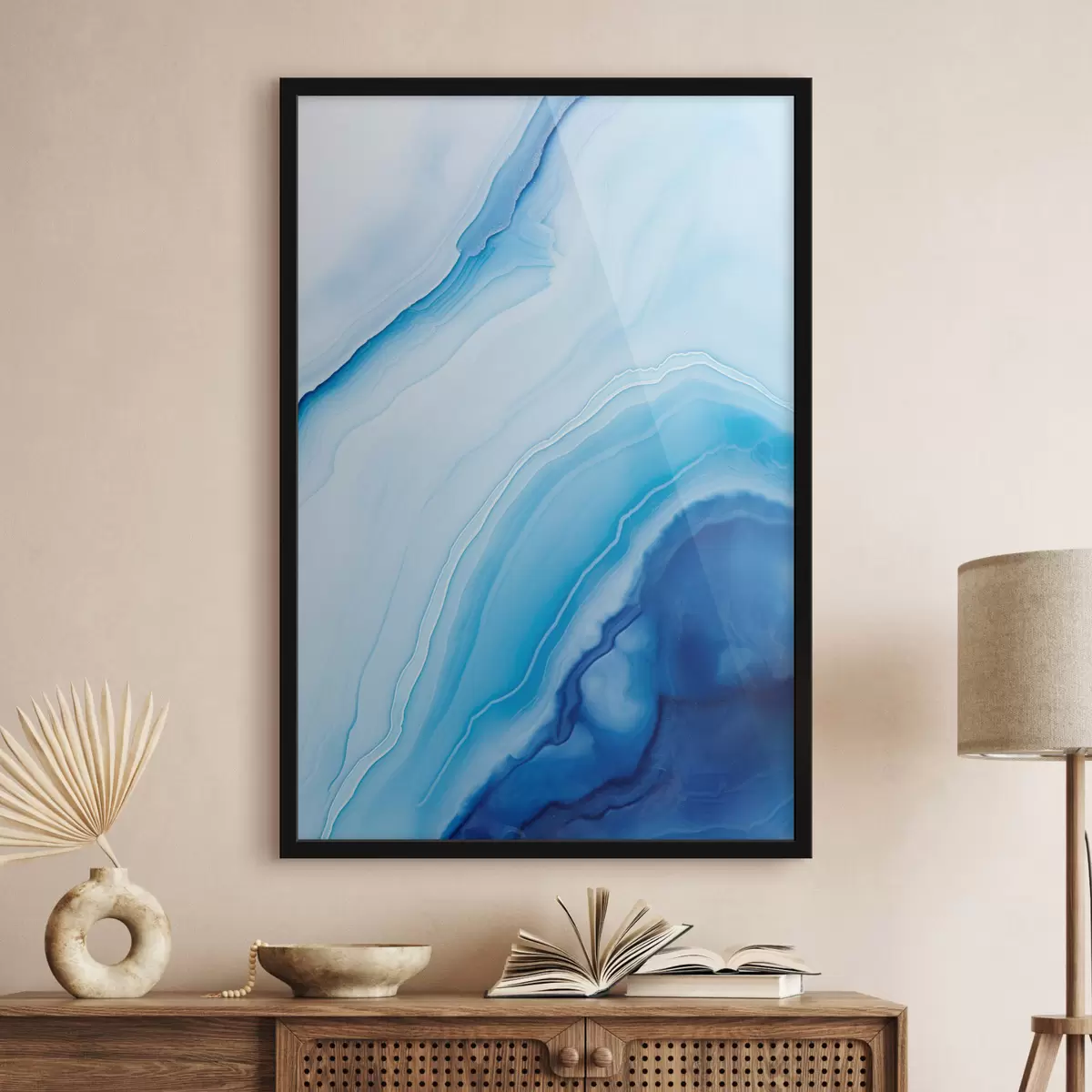 Poster Abstracte blauw-witte agaatprint, wervelende lijnen en kleurverlopen, gladde textuur, moderne kunst, minimalistisch f46290