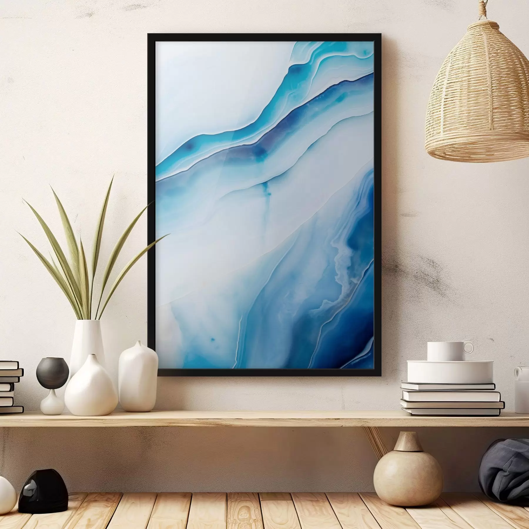 Fotobehang Abstracte blauw-witte agaatprint, wervelende lijnen en kleurverlopen, gladde textuur, moderne kunst, minimalistisch f46291