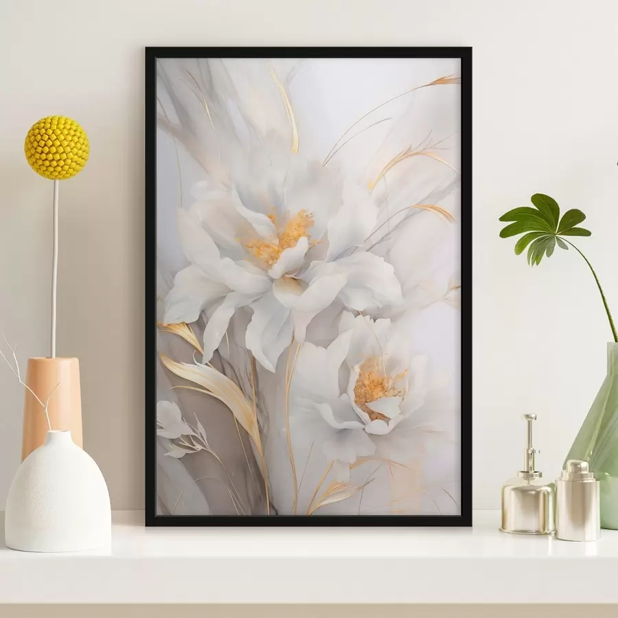 Fotobehang Witte bloemen met gele stampers en stelen, delicate bloemblaadjes, elegante compositie, neutrale achtergrond f46293