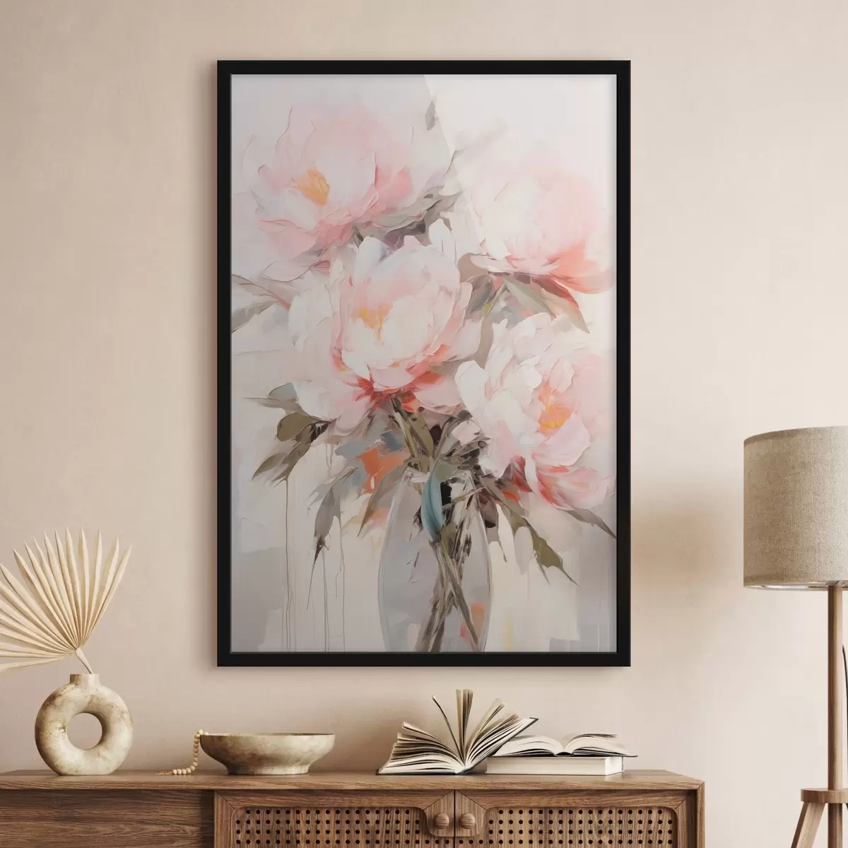 Affiche Bouquet de pivoines roses et blanches dans un vase en verre, coups de pinceau doux, couleurs pastel, fond neutre f46295
