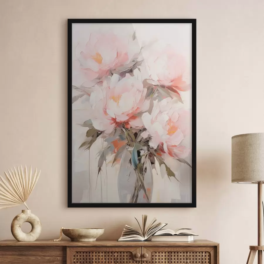Papier peint photo Bouquet de pivoines roses et blanches dans un vase en verre, coups de pinceau doux, couleurs pastel, fond neutre f46295
