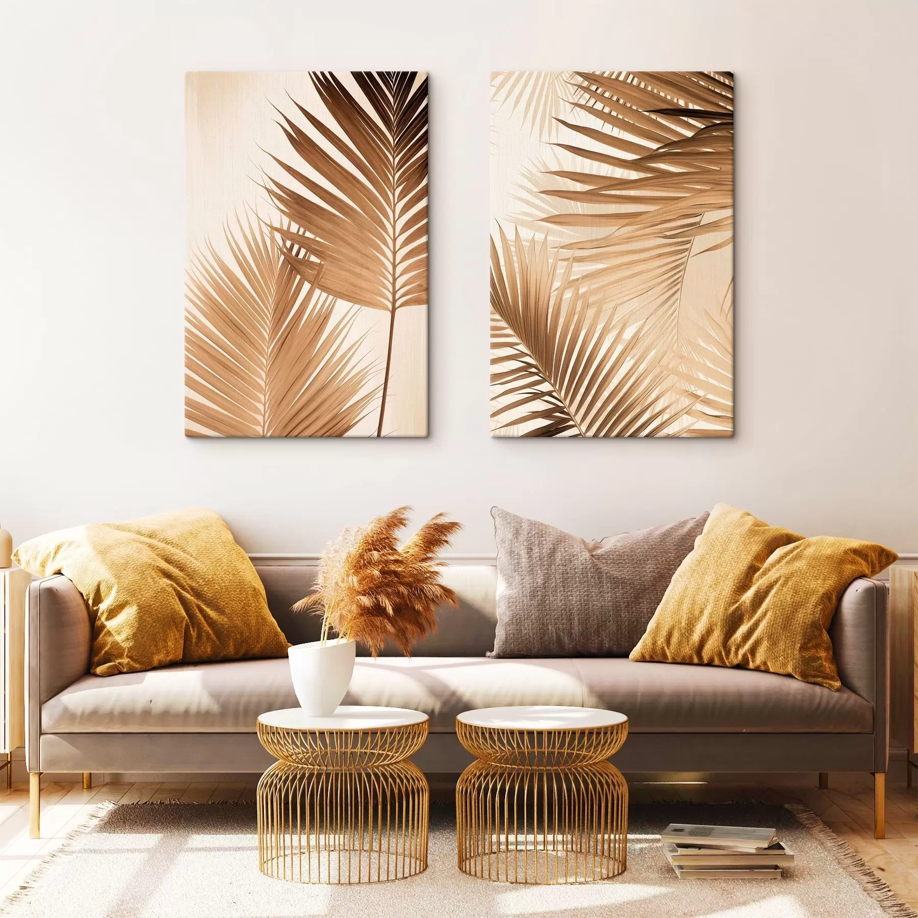  Schilderijen Palmbladeren in bruine tinten, neutrale achtergrond, minimalistische stijl, natuurlijke belichting, tropische sfeer m00880