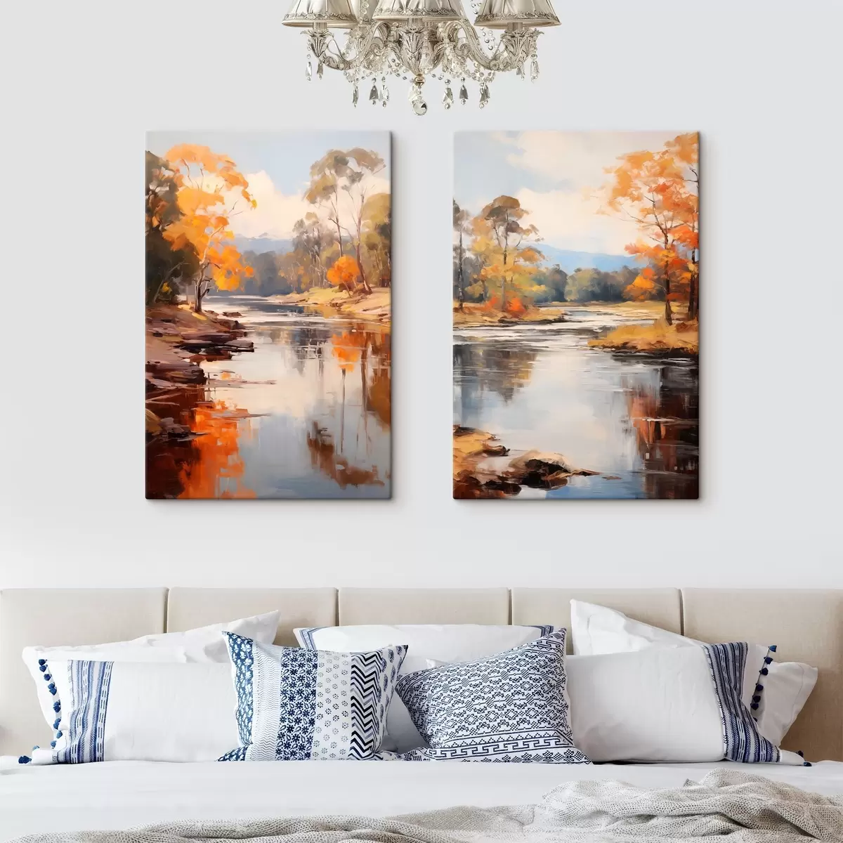  Peintures Paysage automnal, rivière bordée d'arbres, forêt en arrière-plan, reflets sur l'eau m00883