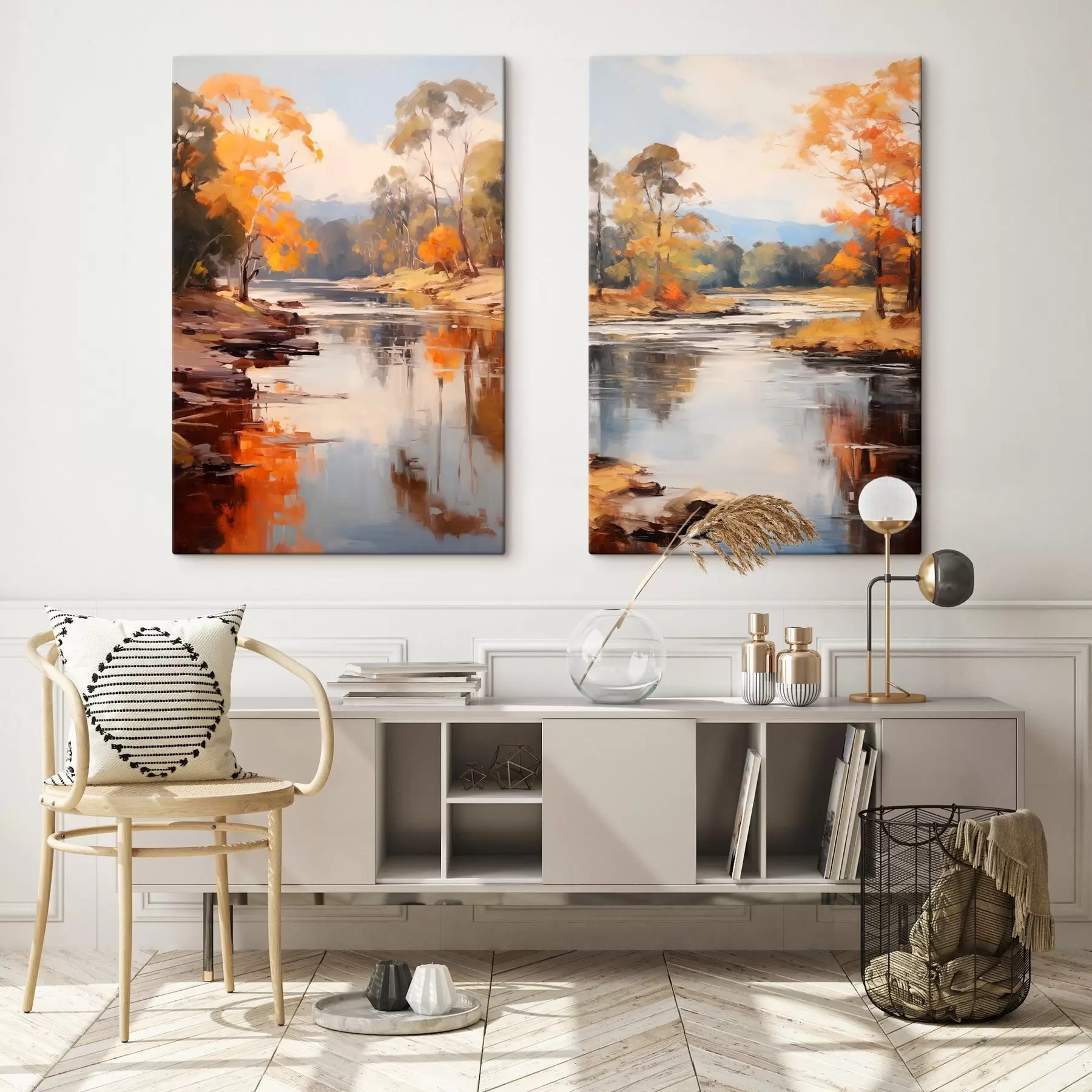  Peintures Paysage automnal, rivière bordée d'arbres, forêt en arrière-plan, reflets sur l'eau m00883