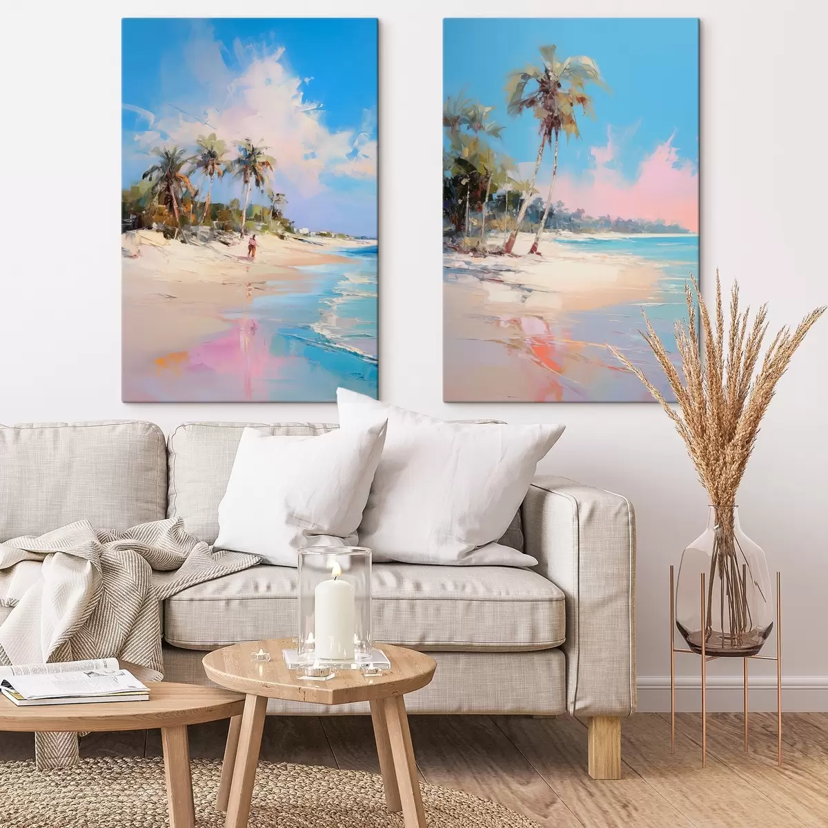  Peintures Paysage abstrait, une plage avec des palmiers, une journée ensoleillée avec un ciel bleu et quelques nuages m00885