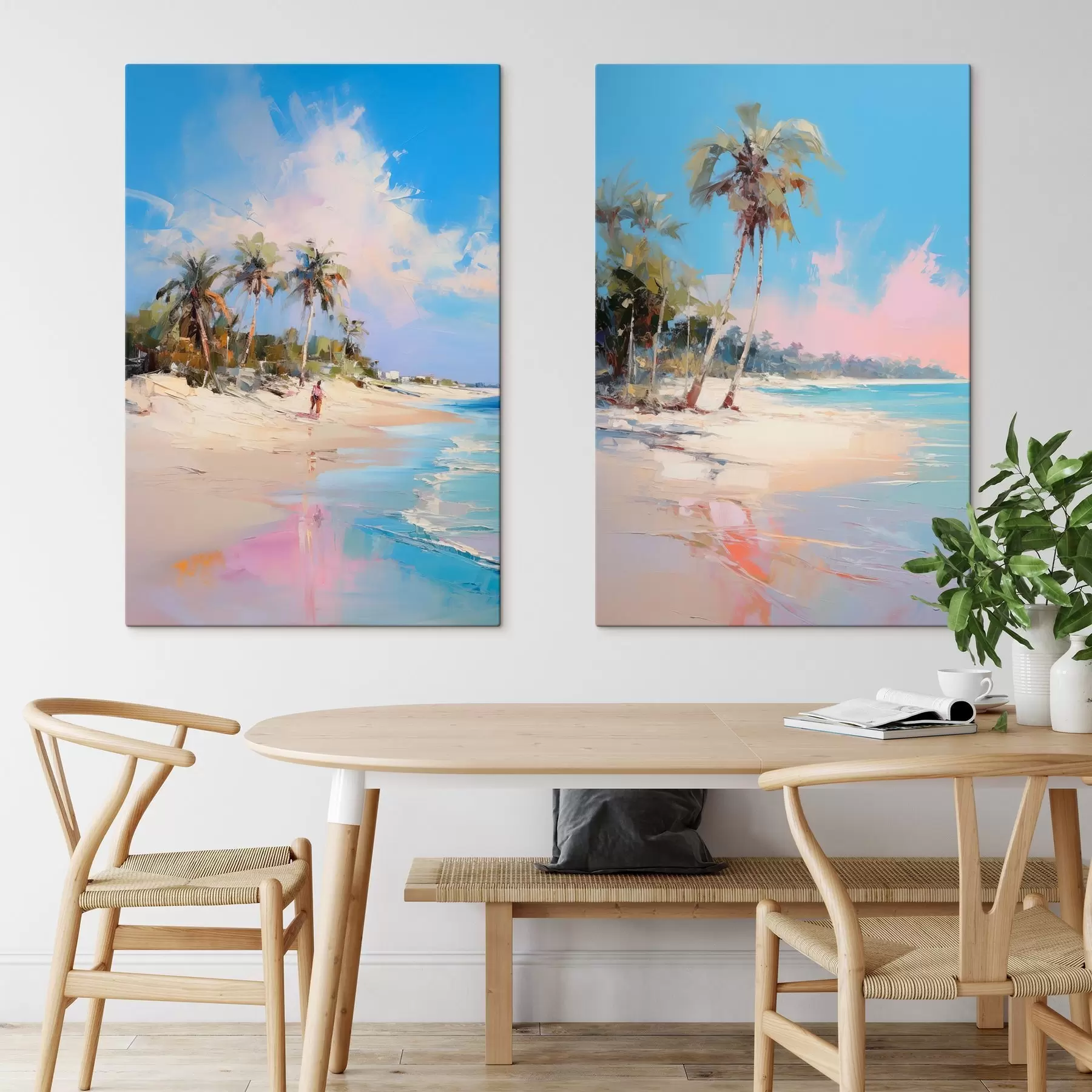  Schilderijen Abstract landschap, een strand met palmbomen, heldere zonnige dag met een blauwe lucht en enkele wolken m00885