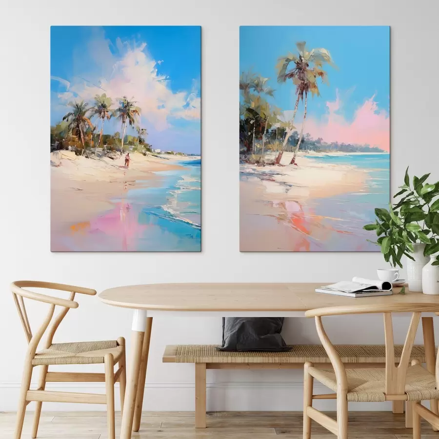  Schilderijen Abstract landschap, een strand met palmbomen, heldere zonnige dag met een blauwe lucht en enkele wolken m00885